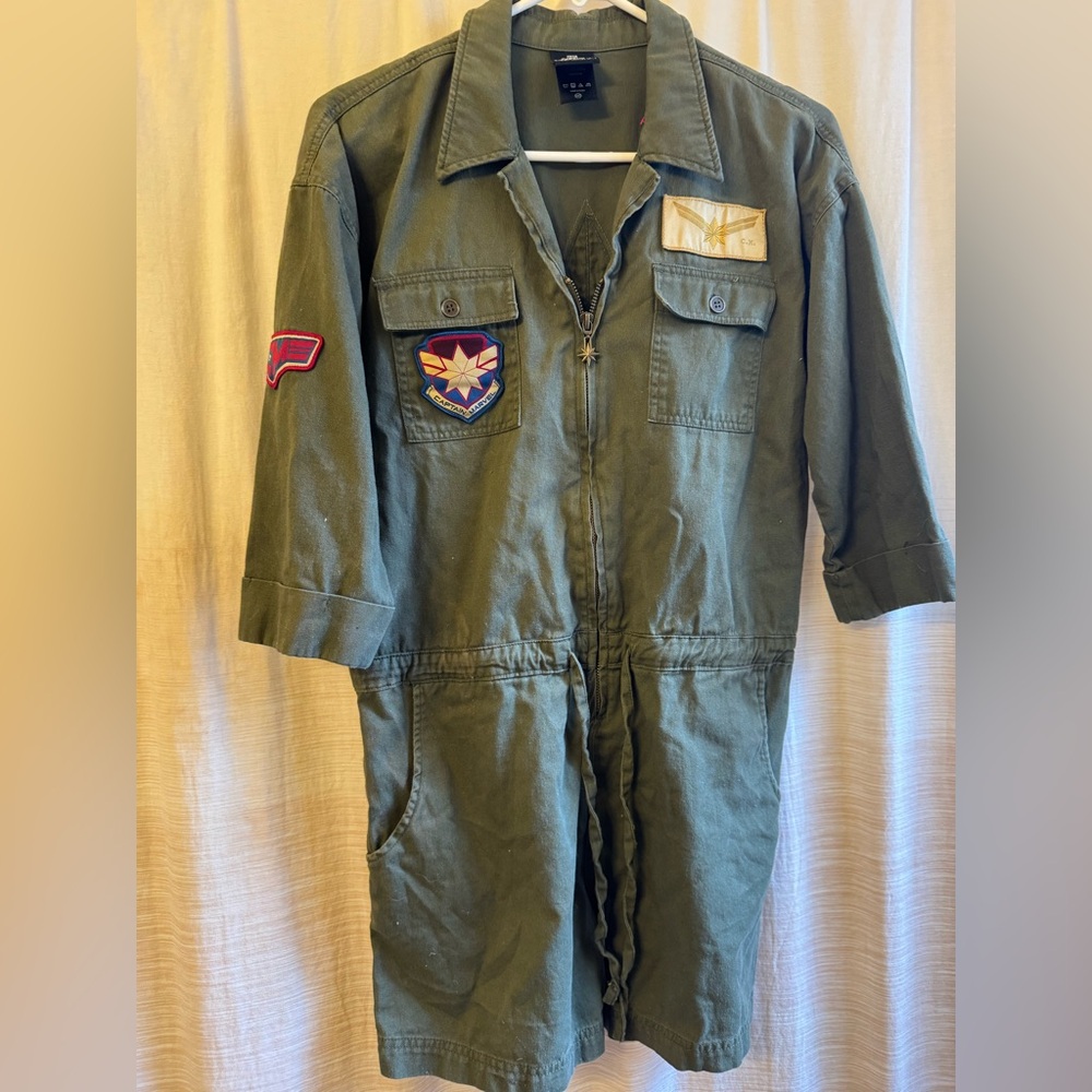HALLOWEEN COSTUME CAPTAIN MARVEL Green Military Style Jumpsuit with Patches.